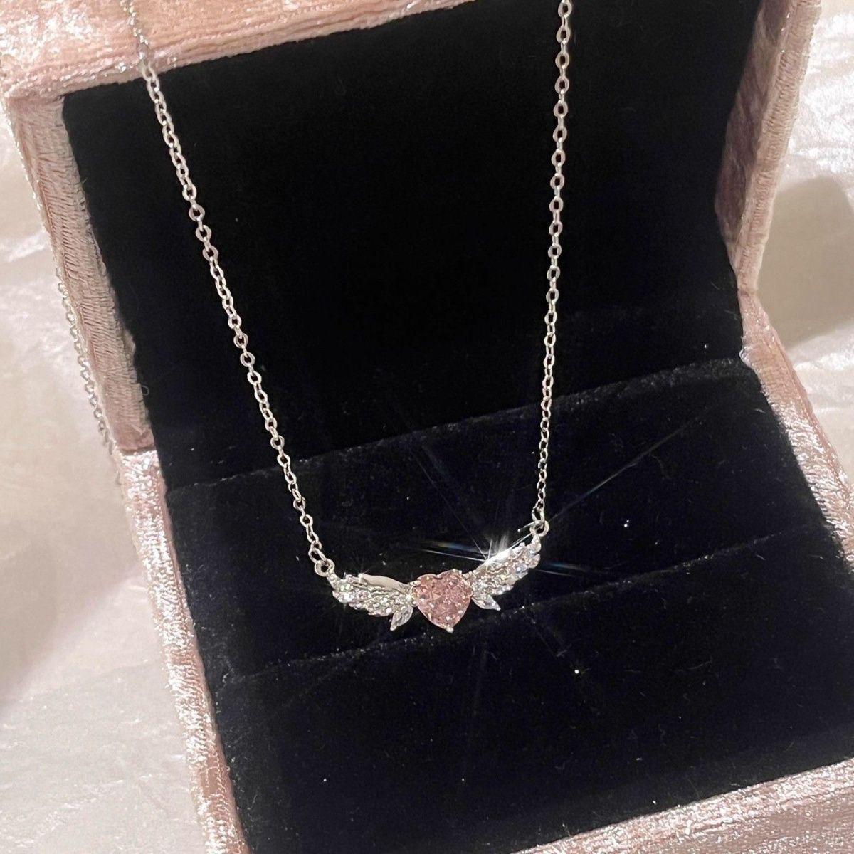 Angel Wings Pink Diamond Love Necklace Women s ins Niche Light Luxury Sweet Gentle Temperament Clavicle Necklace