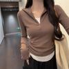 Fake Two-piece Long-sleeved T-shirt Bottoming Shirt for Women New Spring and Autumn Slimming Right Shoulder Half-zip Top