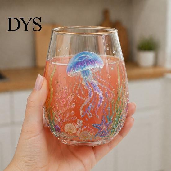 Artistic Hand Painted Drinkware Ocean-Themed Glass Cup, Jellyfish/Dolphins/Sea Turtles/Octopus Hand-Painted, Thickened Drinking Versatile Wide