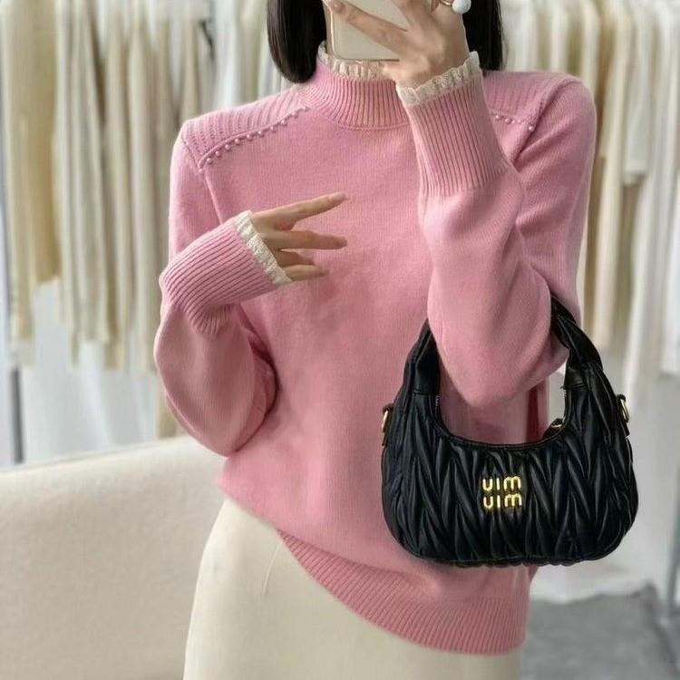 2025 Autumn/Winter Women's Stylish High Neck Ruffle Knit Sweater Pullover in Apricot