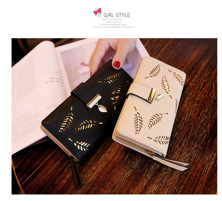 2018 Ladies PU Leather Wallet with Horizontal Zipper & Leaf Design
