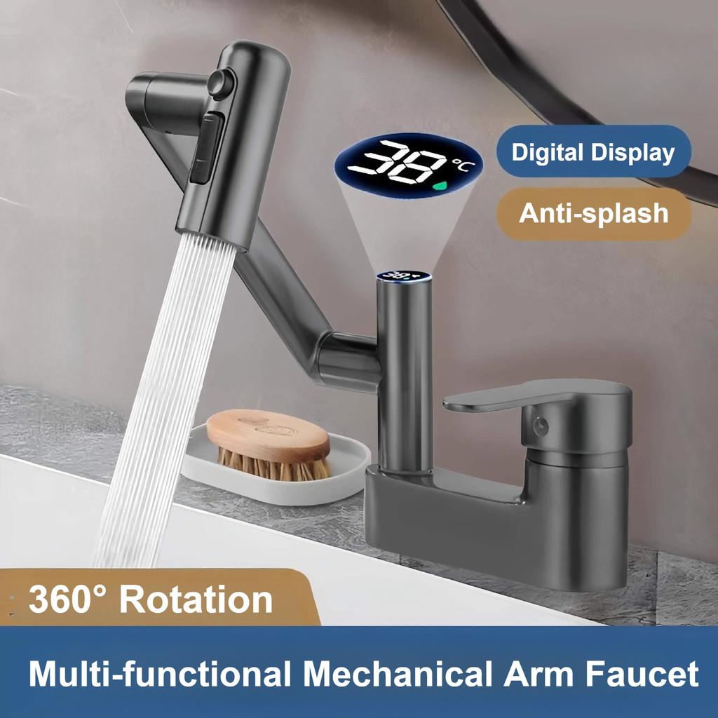 Washbasin Faucet Bathroom Multi-functional Mechanical Arm Cold and Hot Water Tap Digital Display Household Universal Rotation