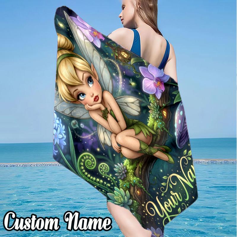 Custom Name Tin-ker Bell Beach Towel - Soft, Ultra-Absorbent Microfiber, Lightweight, Perfect for Beach, Parties, Travel, Camping