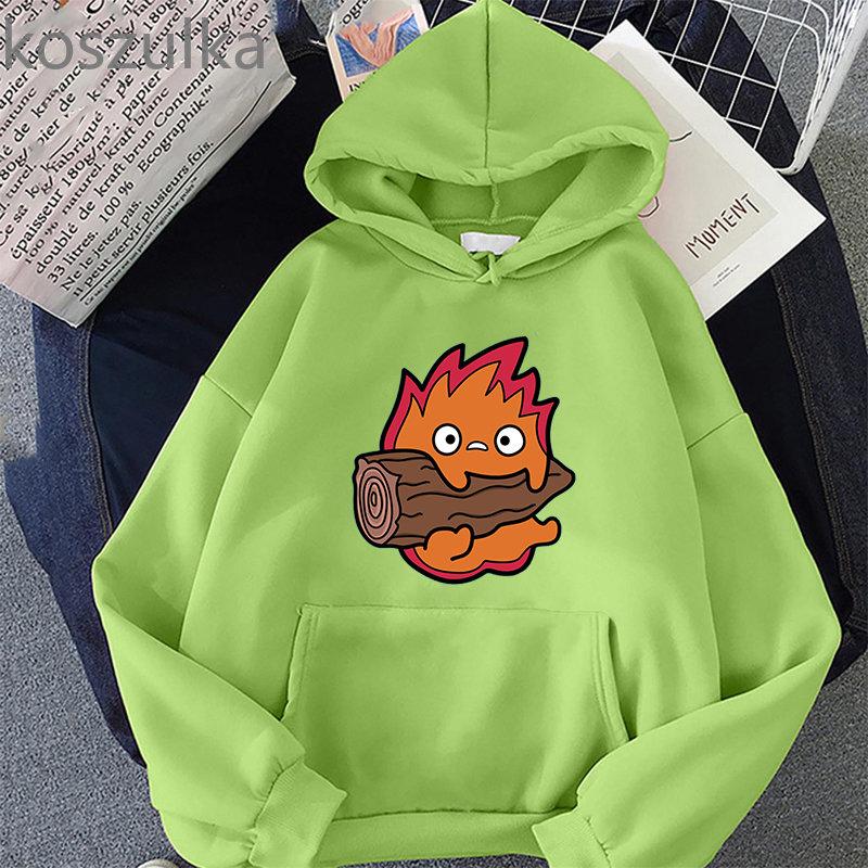 Howl's Moving Castle Calcifer Hettegensere Løs Fleece Hettegenser Tegneserie Calcifer Vintage Pullovers Gensere Vinter Dame Streetwear