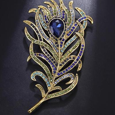 Blaue Kristall Pfauenfeder Brosche: Eleganter Retro Damenmantel Zubehör