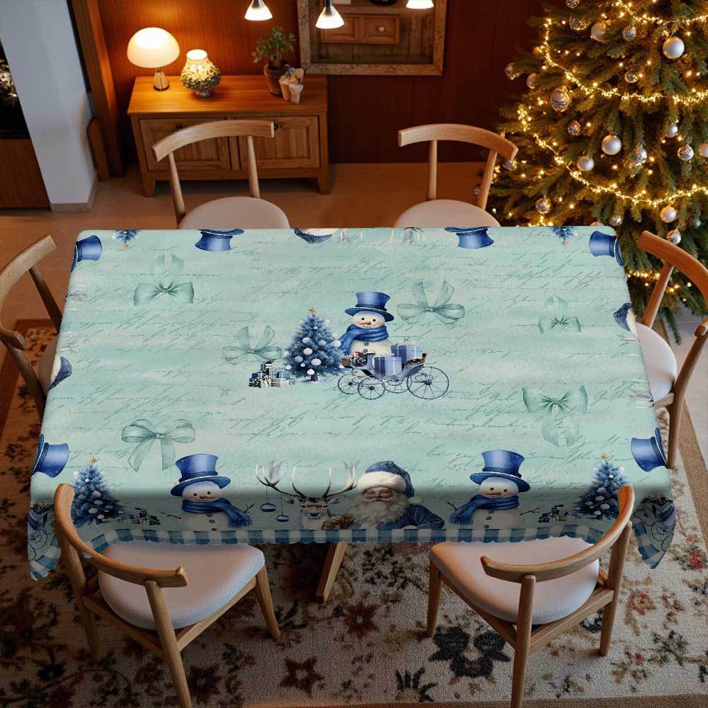 Round Table Tablecloth European Style Fabric, Blue Christmas Print Table Cloth, Snowman Reindeer Rectangle And Round Table Cloth Round tablecloth-152x152cm