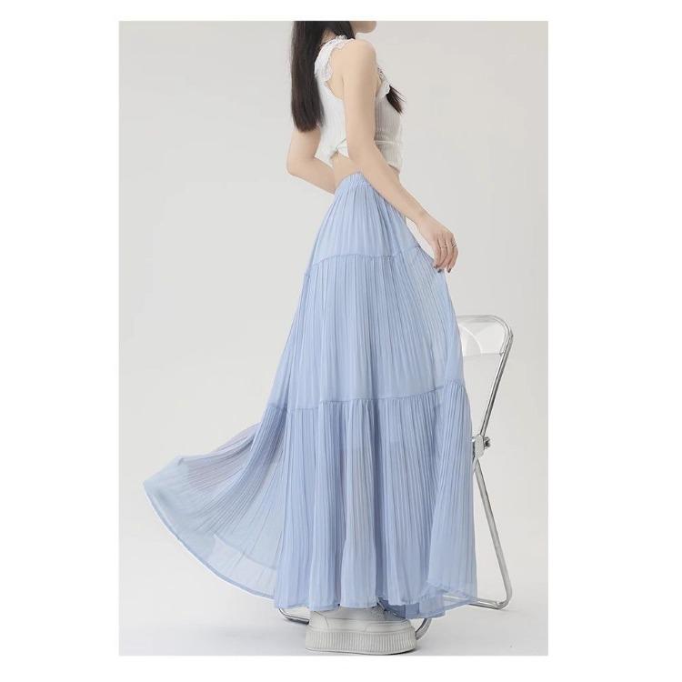 Elegant Purple Chiffon Pleated Half Skirt for Women, Summer High Waist Slim A-line Umbrella Long Swing Skirt
