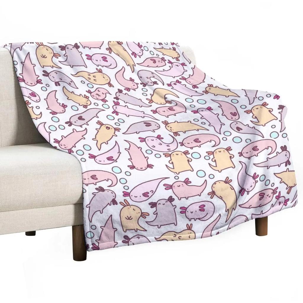 Cartoon Axolotl Blanket Kawaii Ocean Animal Throw Blankets for All Season Seaweed Aquarium Soft Flannel Sofa Blanket for Kids