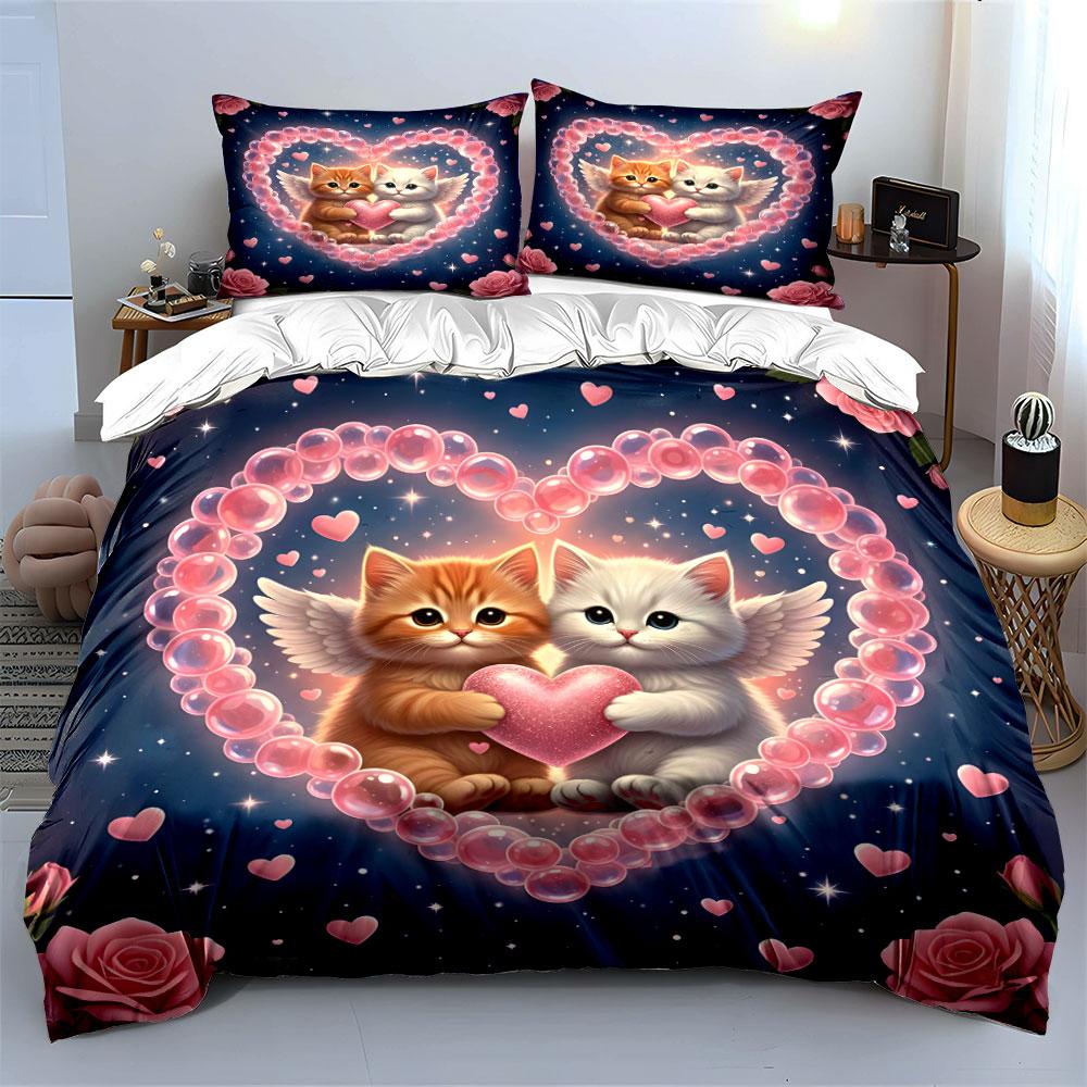 "Angel Cats Heart Bedding Set" Bedding Duvet Cover Set Duvet Cover Pillowcases (1 * Duvet Cover 2 * Pillowcases, Without Duvet Insert)