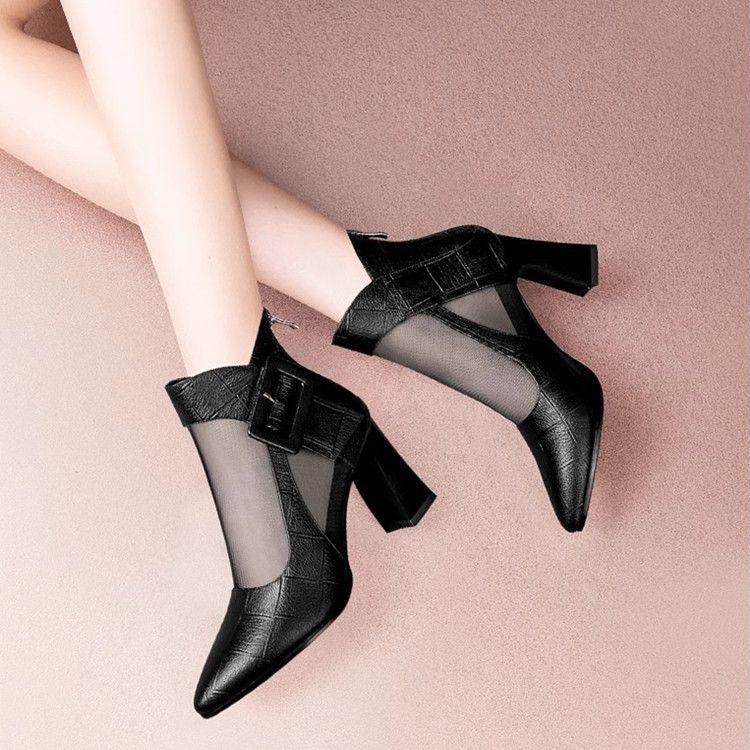 2025 Summer Women's Sexy Leather Mesh Cutout High Heel Sandals - Chunky Heel, Closed Toe, Chic and Cool Design