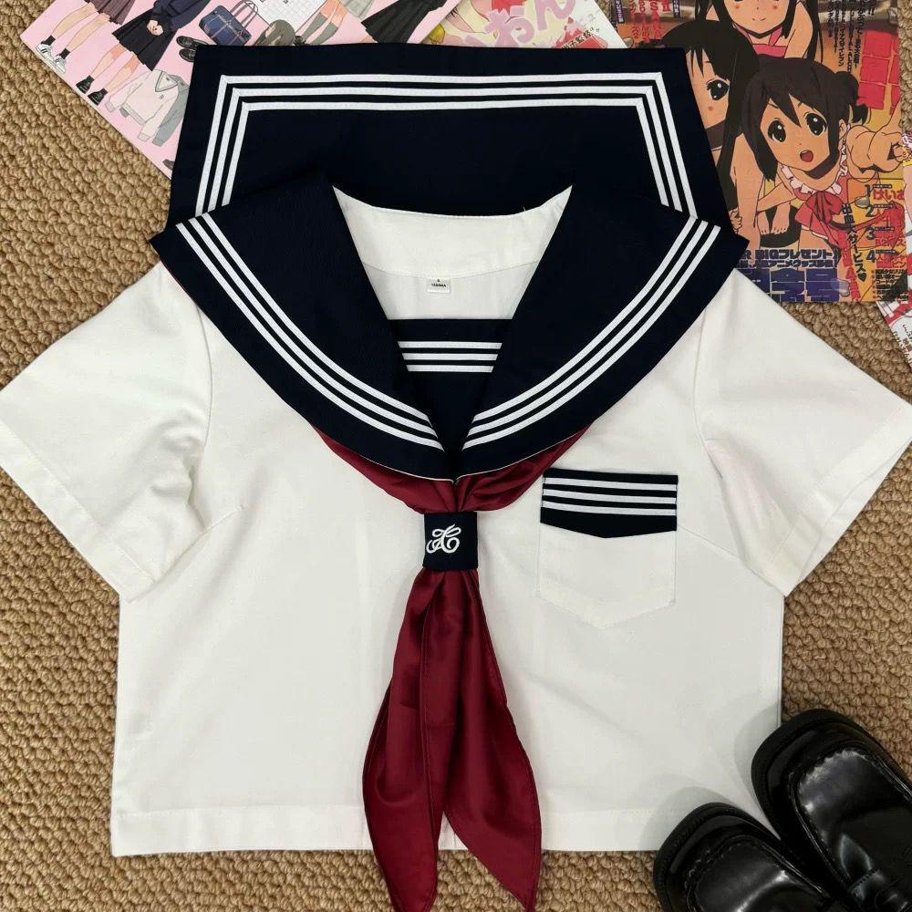 Enhanced White Three-Piece Japanese JK Sailor Suit Pleated Skirt Set - Academy Style Uniform