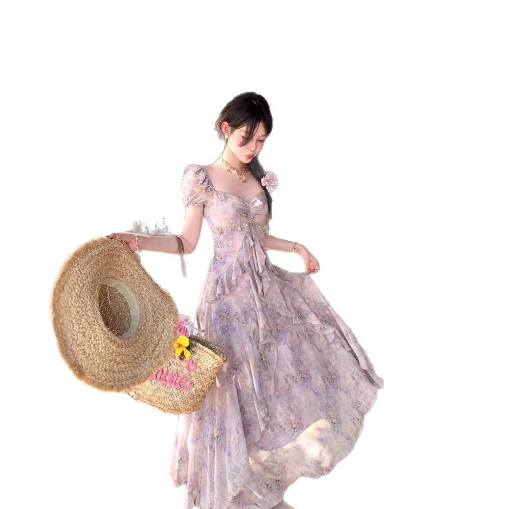 French 2026 floral lotus leaf floral dress sweet summer new temperament vacation skirt long dress