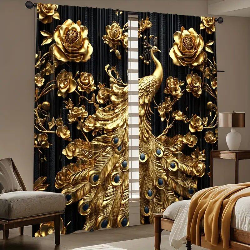 Set Of 2 Elegant Golden Peacock Print Curtains Pole Bag Home Decoration Room Curtain Polyester