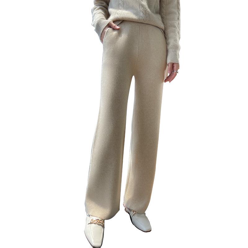 Women's 100% Wool Wide-Leg High-Waist Autumn/Winter Pants - Thickened, Warm, and Loose-Fitting