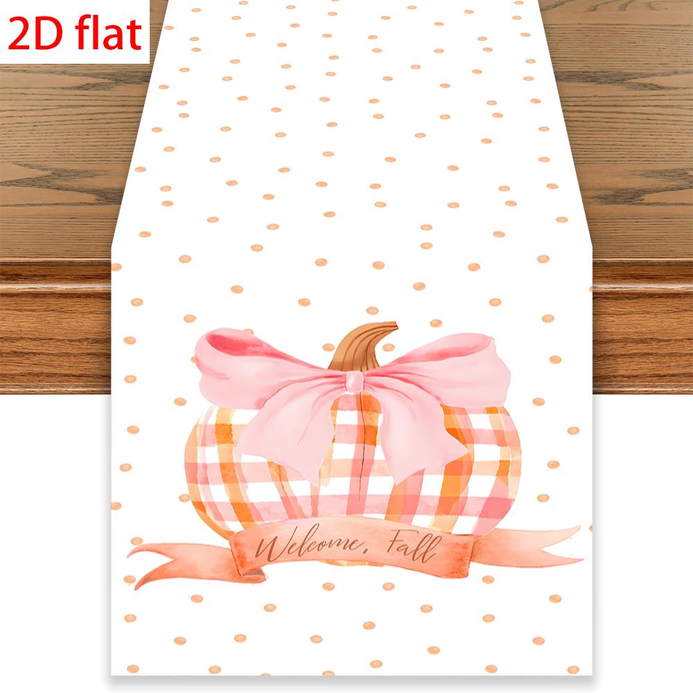 Watercolor Plaid Pumpkin Table Runner Pink Bow Welcome Fall Dot Table Decor Harvest Thanksgiving Halloween Dining Kitchen