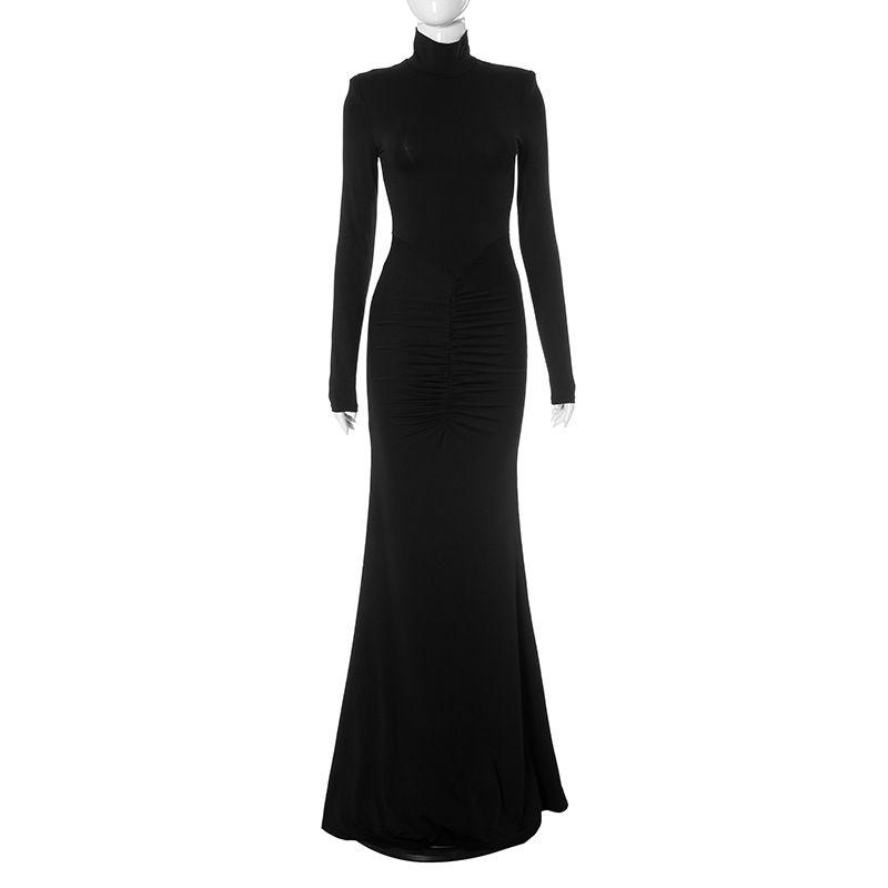 

Fashion Fashion Sexy Red Turtleneck Long Sleeves Dress Elegant Slim Fit Ruched Patchwork Design Mop Dress Black S