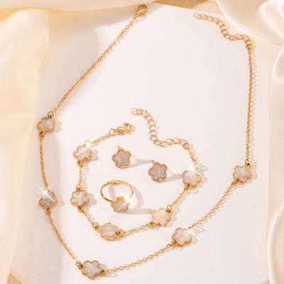 5-teiliges Set Damen Kleeblatt Blume Halskette Ring Armband Ohrring Set Modisch Schlicht Elegant Exquisite Accessoires
