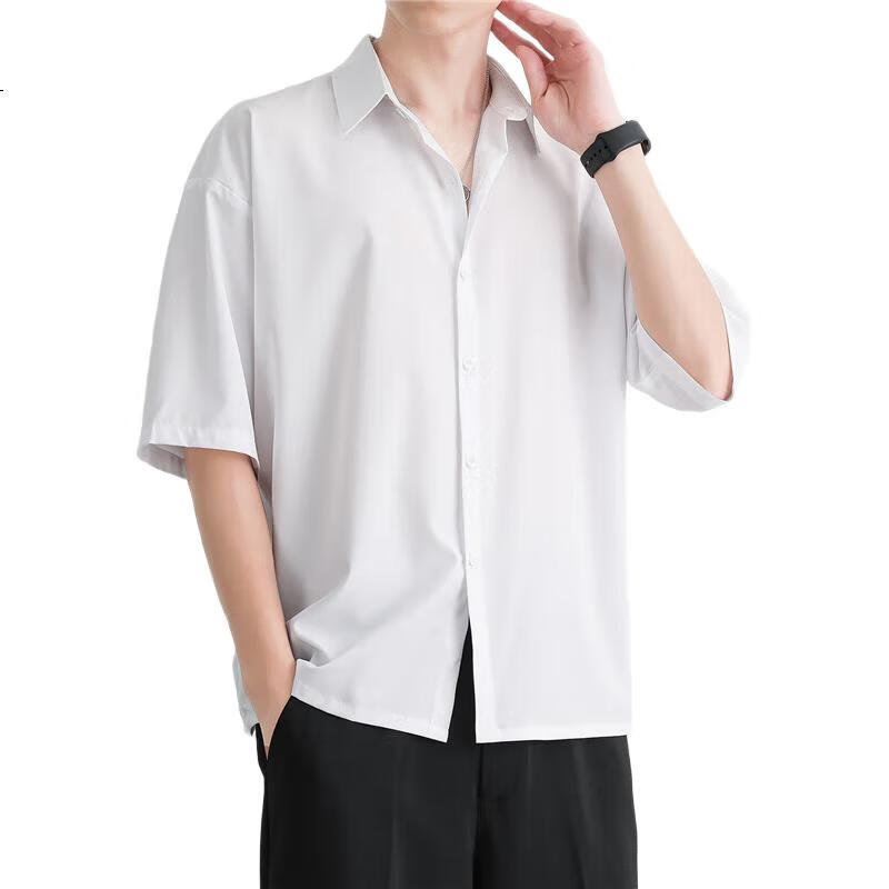 Mianzhi Men's Shirt, Summer Ice Silk Cool Feeling Versatile Top, Loose Casual Solid Color Short Sleeve Shirt for Men, White, L