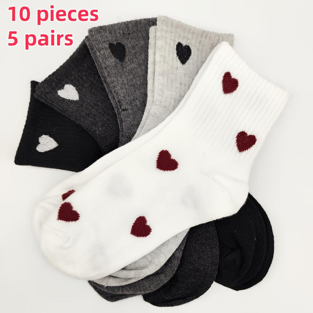 High Quality10pcs 5 Pairs Women'S Mid-Calf Socks with Heart Pattern, Calf Socks - Elegant Heart Pattern Design, Featuring a Heart Pattern In Fabric -