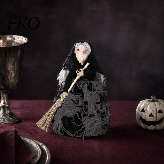 Multi-use Witch Decor Halloween Kitchen Doll, Small Statue with Broom, Three-dimensional Tabletop Party Decoration for Table Fireplace Holiday