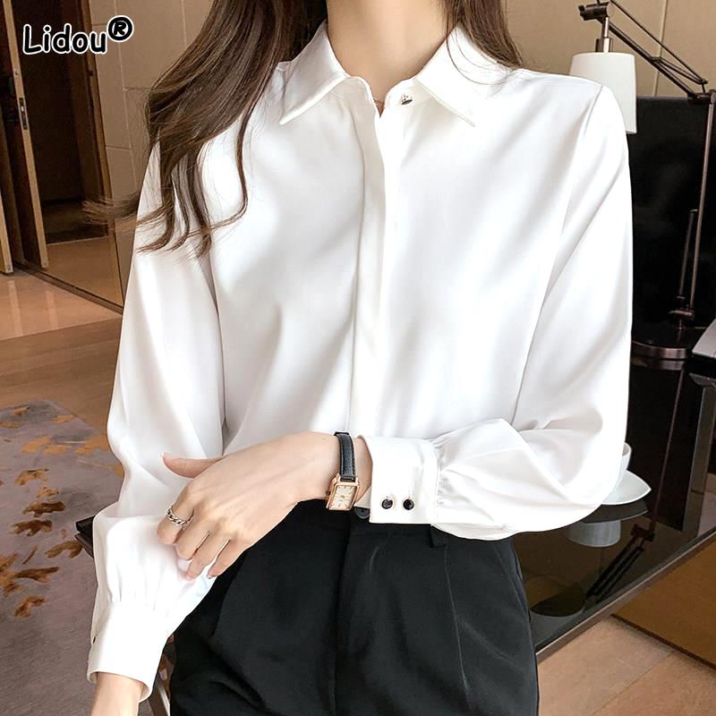 Solid Color Elegant Casual Long Sleeved Shirts Fashion New Slim Comfortable Turn-down Collar Top Women's Clothing 2023