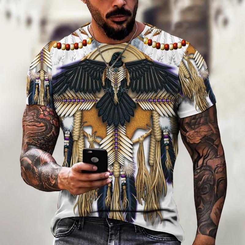 Men's Shirt Casual Harajuku T-shirt Animal Summer Retro Indian Print Men's Street Crew Neck Short Sleeve Design Large