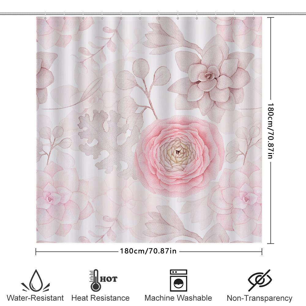 Delicate Pink Floral Shower Curtain Decorative Watercolor Print for Bathroom Polyester Fabric with Rings Various Sizes Available