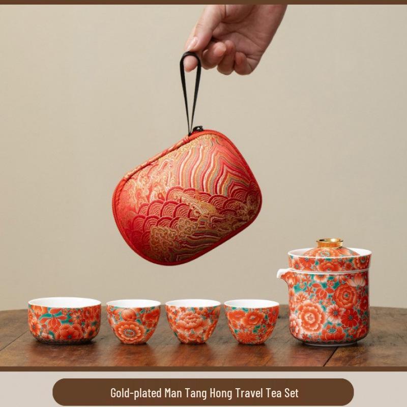 Outdoor Travel Ceramic Tea Set: 1 Teapot, 4 Teacups, Quick Cup, Portable Storage Bag