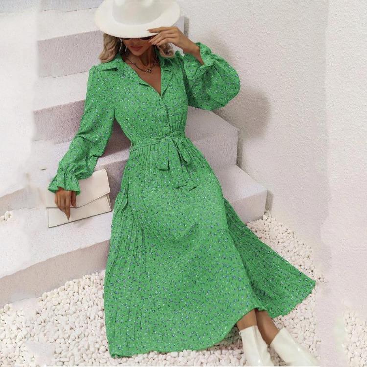 Women Autumn Winter Casual Long Sleeve V-neck Floral Print A-Line High Waist Ankle Length Dress