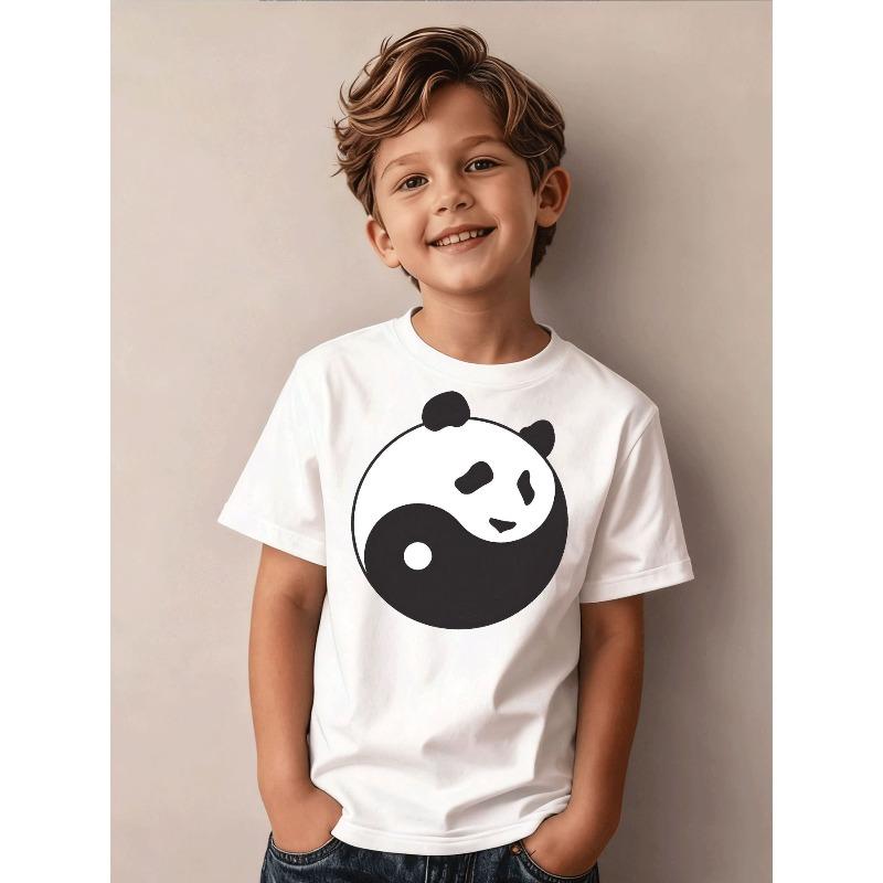 Boys Panda Yin Yang Print Black Crewneck Casual Sports T-Shirt 110 белый
