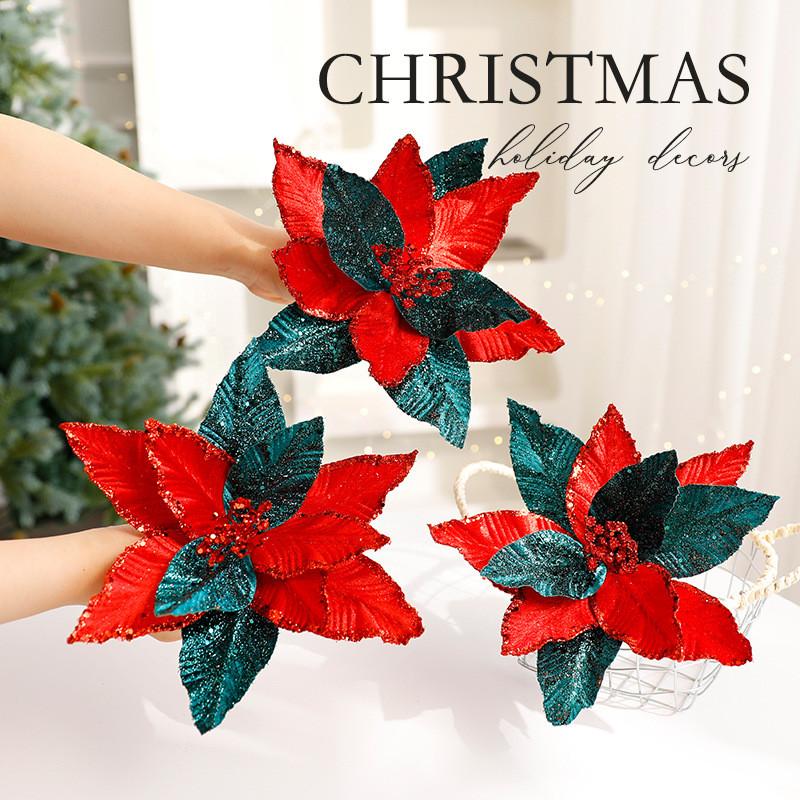Christmas Flower Decor With Artificial Velvet Flowers For Holiday Tree Ornament Gift