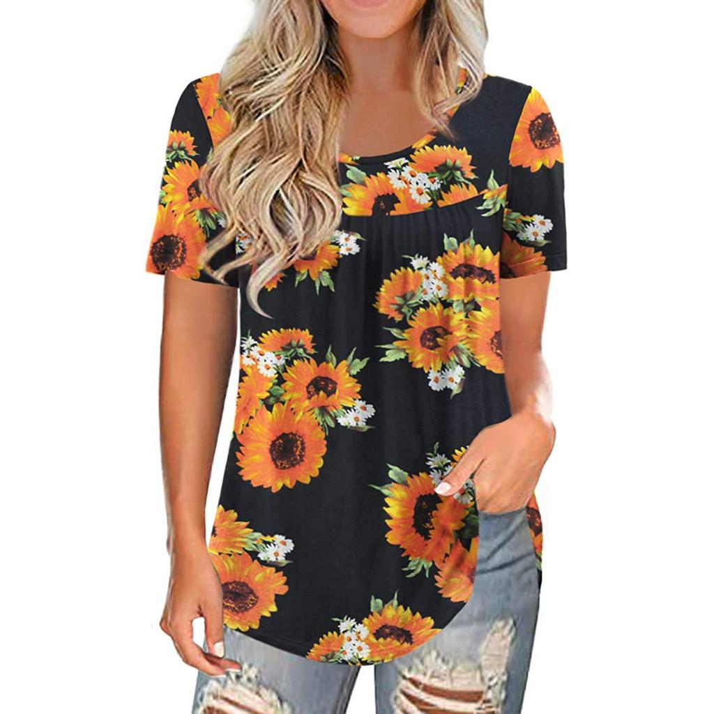 Fashion Women Plus Size Round Neck Print Short Sleeve Casual Pullover Tops