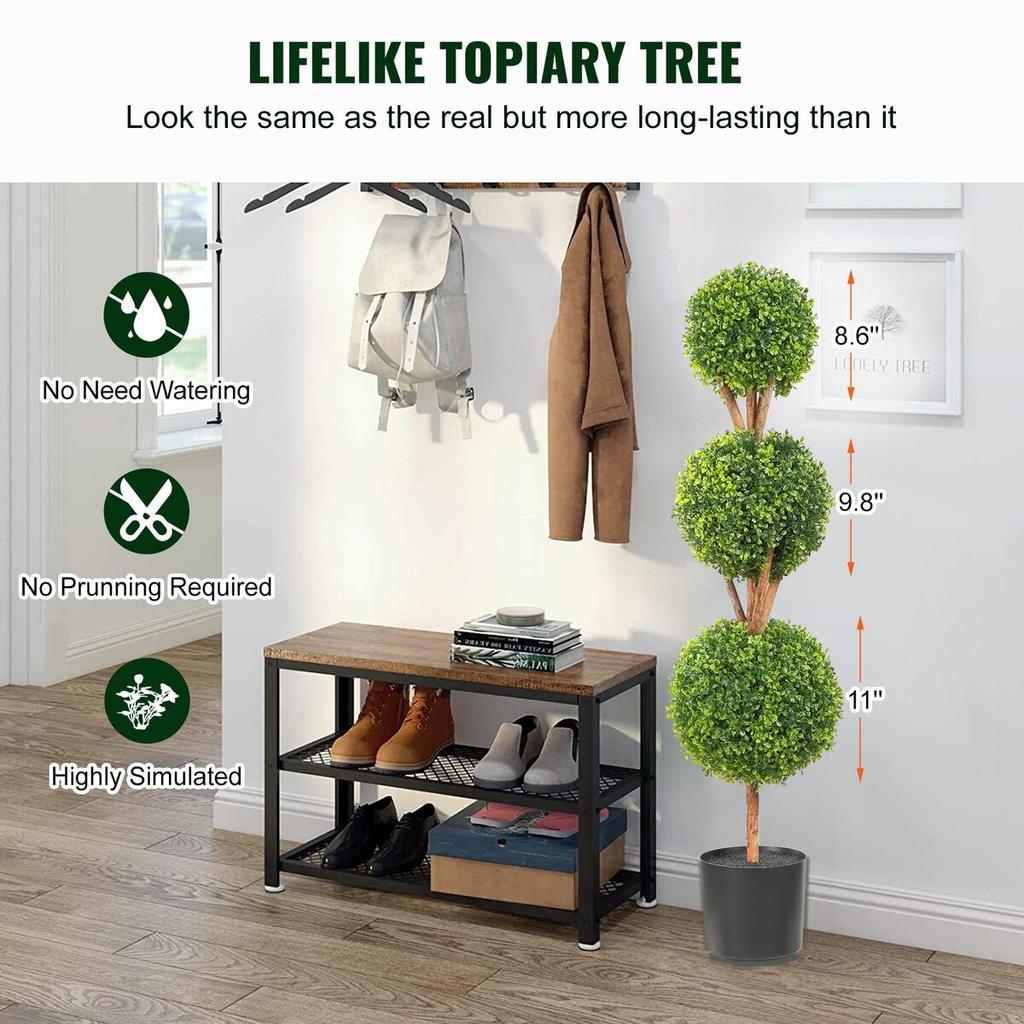Artificial Topiaries Boxwood Trees, 48 inch Tall (2 Pieces), 3 Ball-Shape Faux Topiaries Plant with Planters, Green Feaux Plant w/ Replaceable Leaves