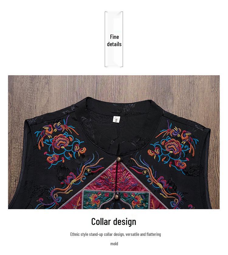 2025 Women's Ethnic Satin Jacquard Embroidered Vest Dress with Stand Collar
