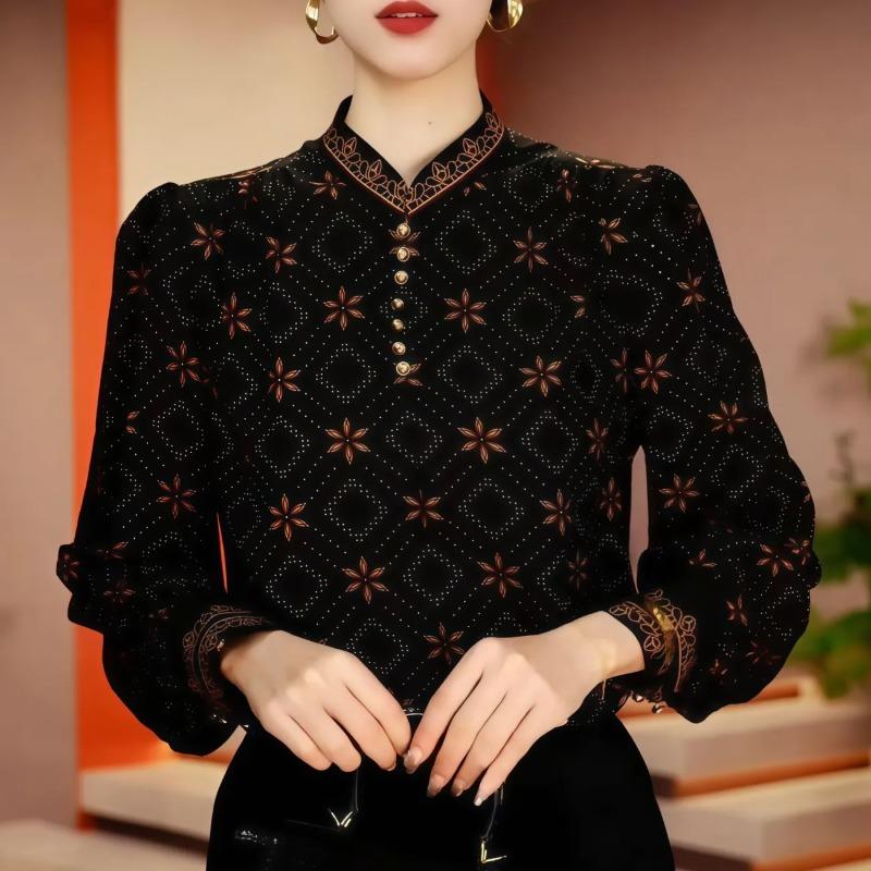 Chemise de base imprimée classique à tempérament à la mode, nouveau style Printemps, amincissante, ample, décontractée, chemise de mère