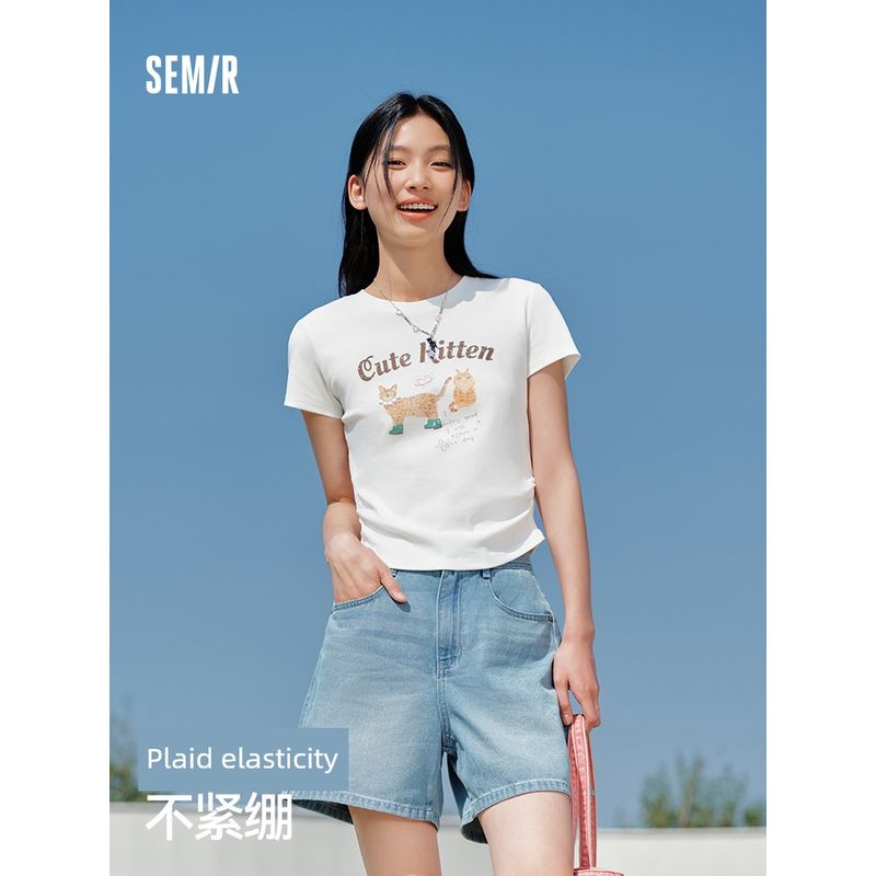 

Senma Футболка с коротким рукавом Женская Короткая Облегающая и Аккуратная Машинная Облегающего кроя 2025 Новая Летняя Персонализированная Футболка с кошкой Веселая This White 10102 160/84A/M