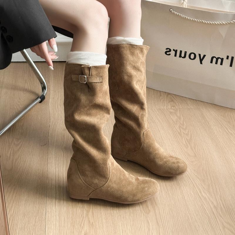 Fransk mocka inre höjdökning 2025 höst och vinter nya damers liten fyrkantig tå matt retro men knähöga cowboy westernstövlar dam