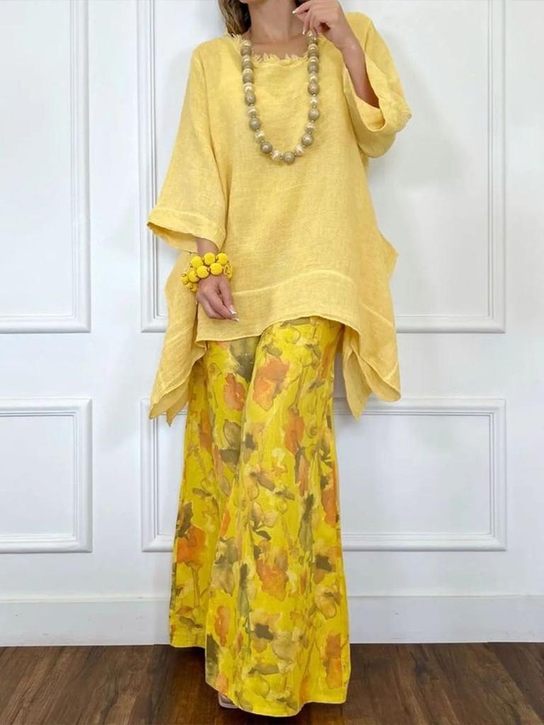 European and American new women's casual cotton and linen irregular top wide-leg pants set