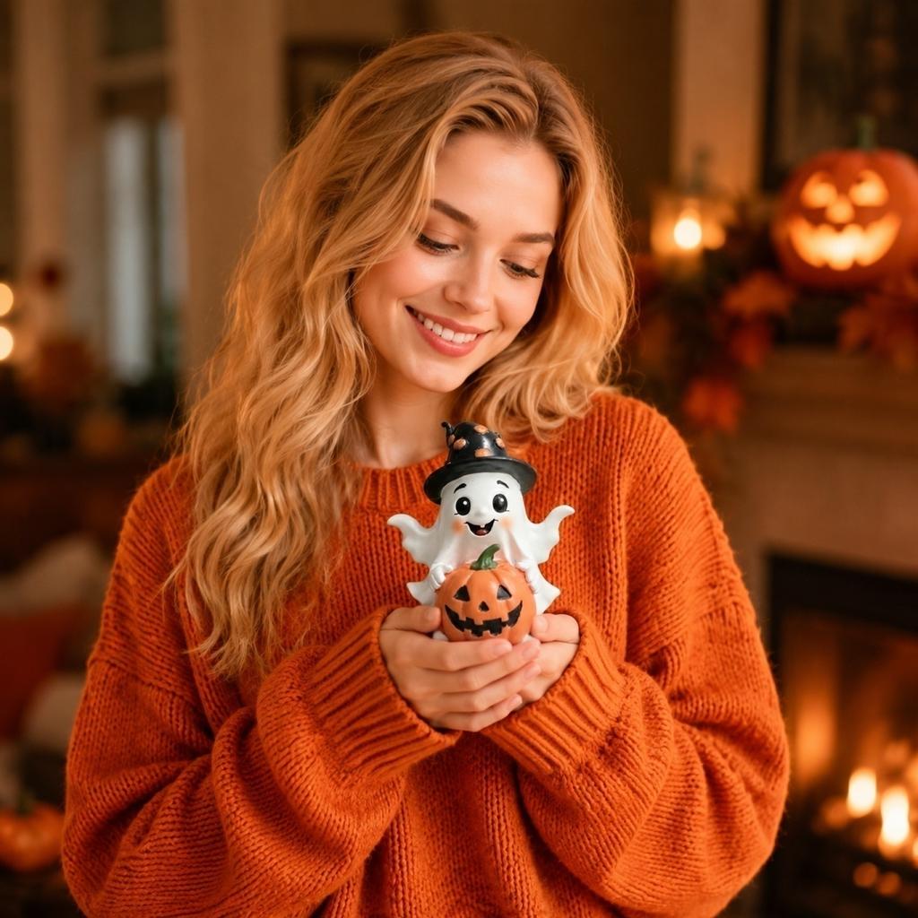 Halloween Ghost Pumpkin Statue Figurine Holiday Decoration for Indoor Outdoor Tabletop Display Ornament Sculpture