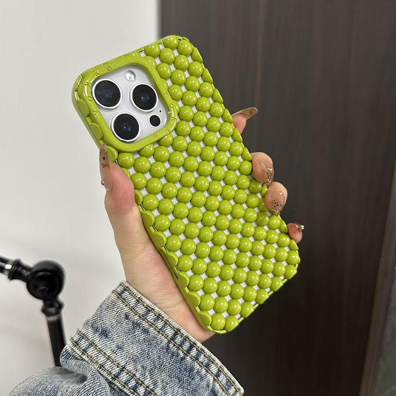 Fashion Green Pearl Round Bead Hollow Out Phone Case For iPhone 17 Air 16 15 13 14 Pro Max Soft TPU Heat Dissipation Back Cover
