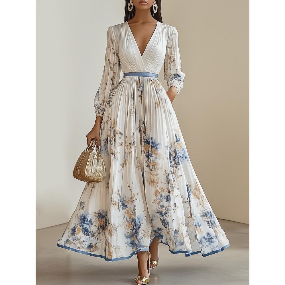 Europe, Amérique, automne et hiver, robe longue plissée mode à manches longues et col en V imprimée pour femme