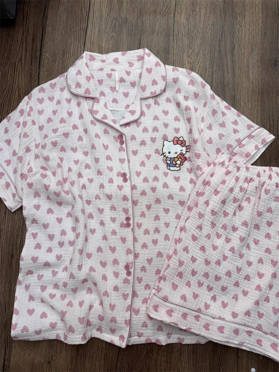 

Pink full of love Hello Kitty pajamas women s summer cardigan lapel short-sleeved shorts set can be worn outside loungewear S