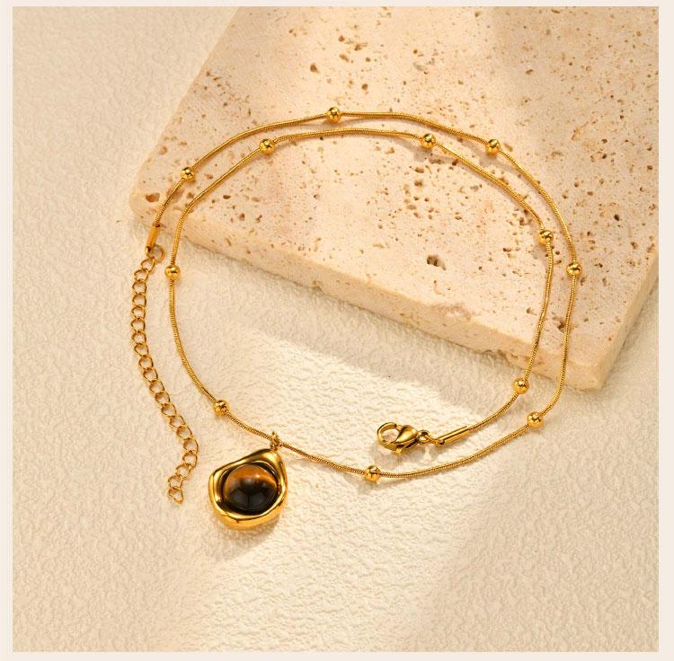 Collier œil de tigre naturel pour femme, Collier ras-de-cou superposé avec pendentif perlé style bohème, Bijou pierre irrégulière