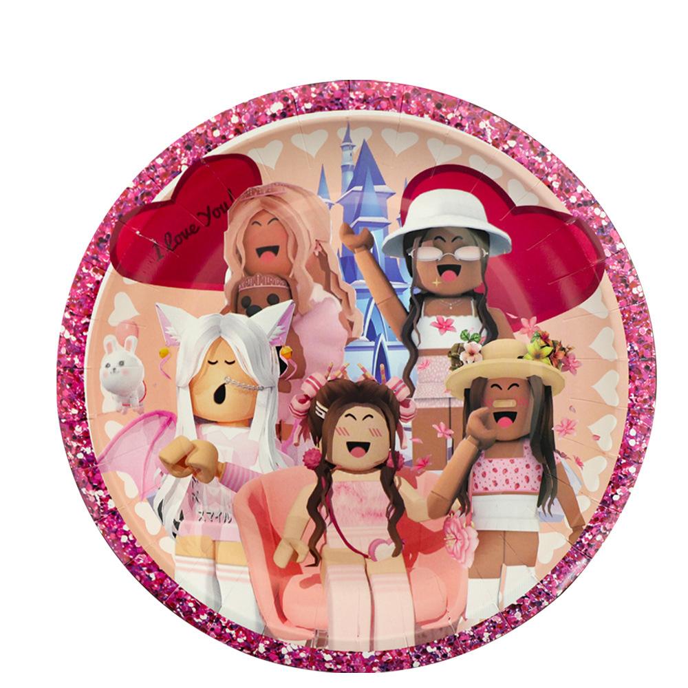 Розовый Набор для Дня Рождения в Стиле Роблокс Одноразовые Столовые Приборы Бумажные Тарелки Бумажные Стаканчики Бумажные Салфетки Бумажные Изделия Экологичные для Девочек