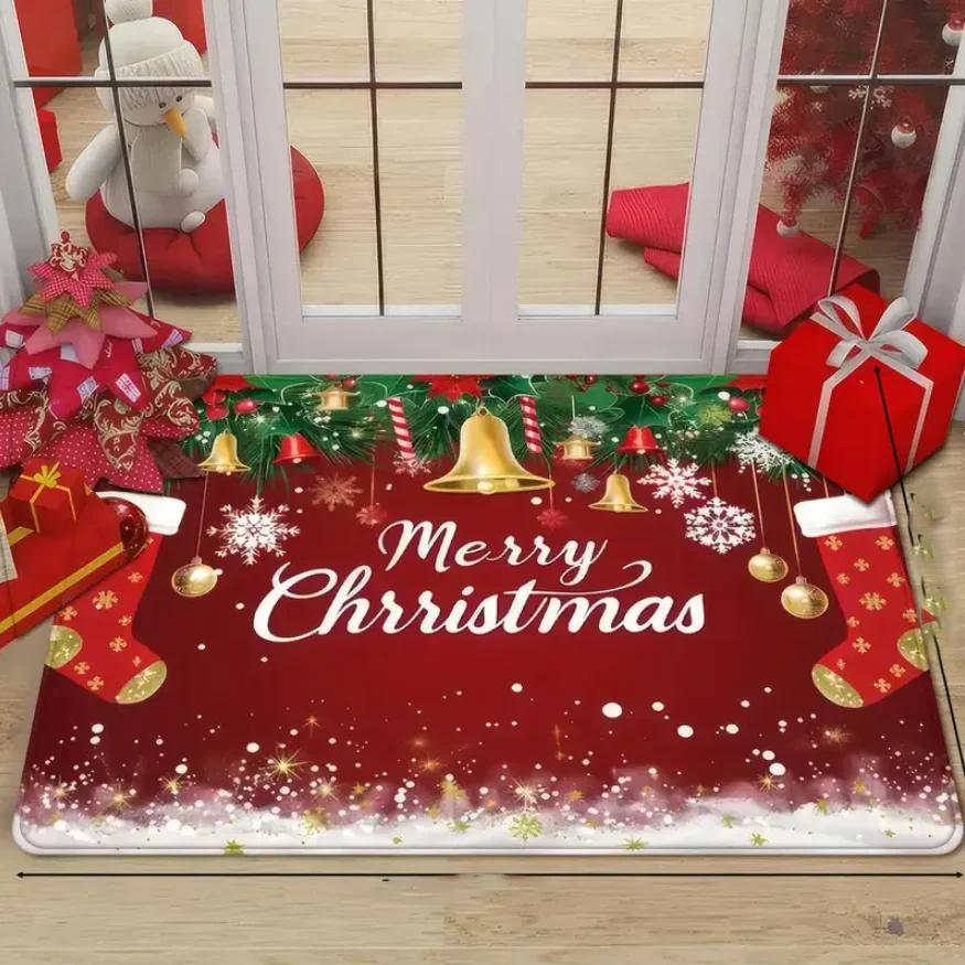 Christmas Door Mat Red Christmas Tree Bell Entrance Mat Soft Bathroom Mats Kitchen and Household Floor Mats, Holiday Decoration