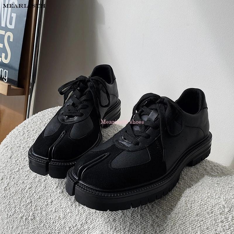 Femei Pantofi Tabi din piele neagră lucioasă de primăvară Toc gros Pantofi joasă Bărbați mărimea 46 cu șireturi Casual alb pantof cuplu sport nou