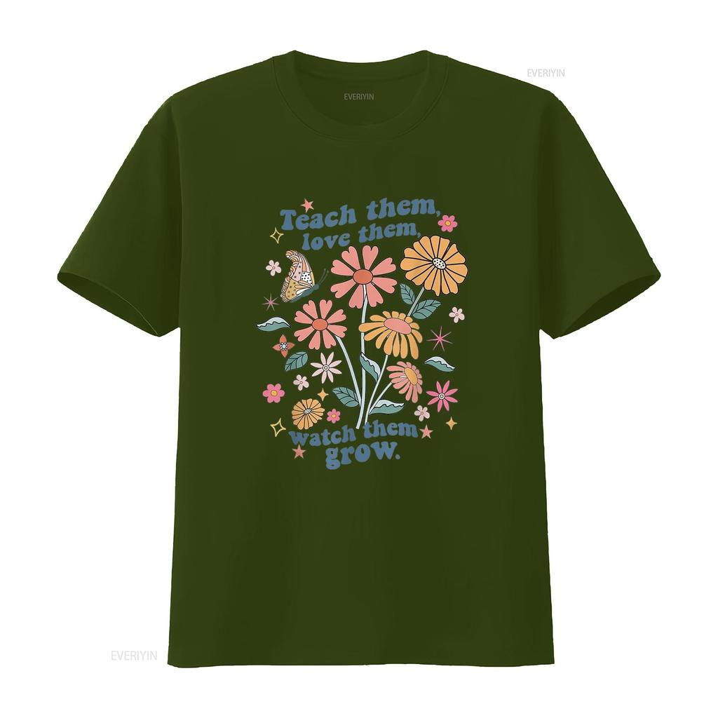 Teach Them Love Watch Grow Retro Teacher Floral T Shirt White vintage Washed graphic homme Unisex designer clothes Comfortable