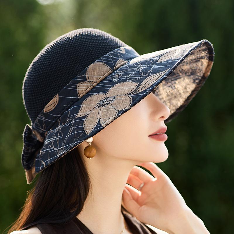 Chapéu florido retro novo de primavera e verão para mulheres, aba grande, laço, viseira de proteção solar, chapéu de praia para férias na beira-mar