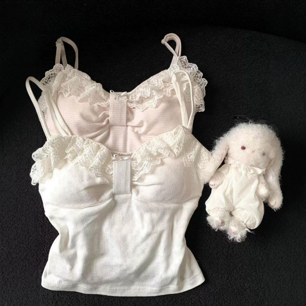 Sweet pure lace suspender vest women's summer new with chest pad bow lace girl beauty back top
