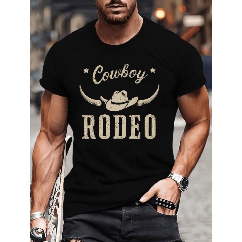 Men's Summer T-shirt, Cowboy Rodeo Western Themed Pattern Graphic Print Short Sleeve Tees Trend Casual Tops For Daily Life, Big & Tall Guys